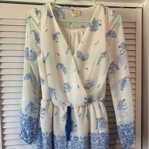 Blue and White Paisley Print Sheer Shorts Romper